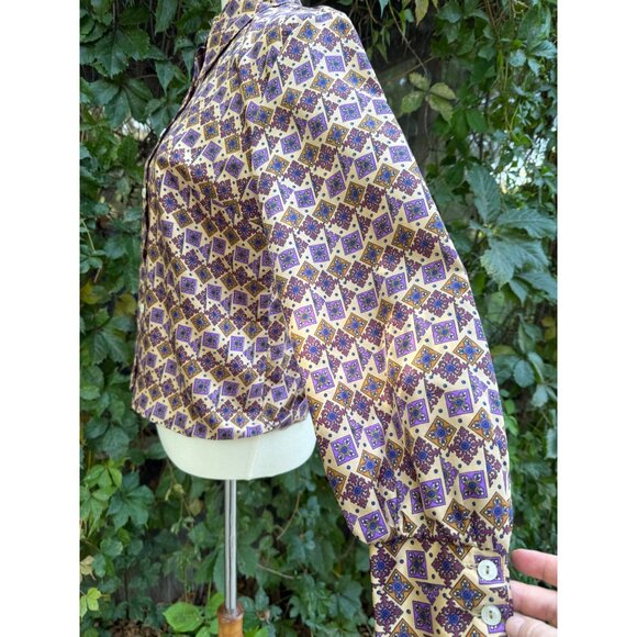 70s Dagger Collar Blouse All Over Purple Geometric Print Balloon Sleeve Custom - Picture 10 of 15